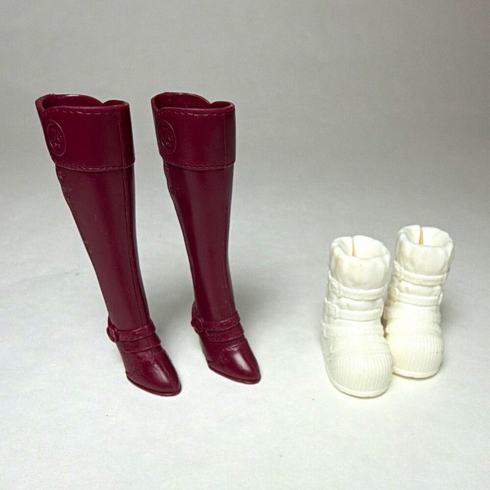 2 pair Barbie Brand Boots, Burgundy Tall Boots, White Ankle boots